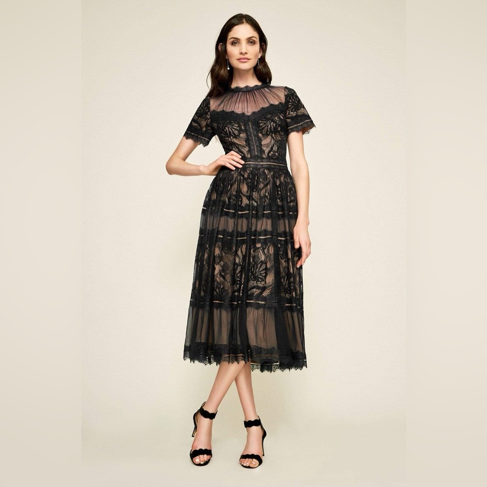 Tadashi Shoji Black Sheer Lace Midi Dress